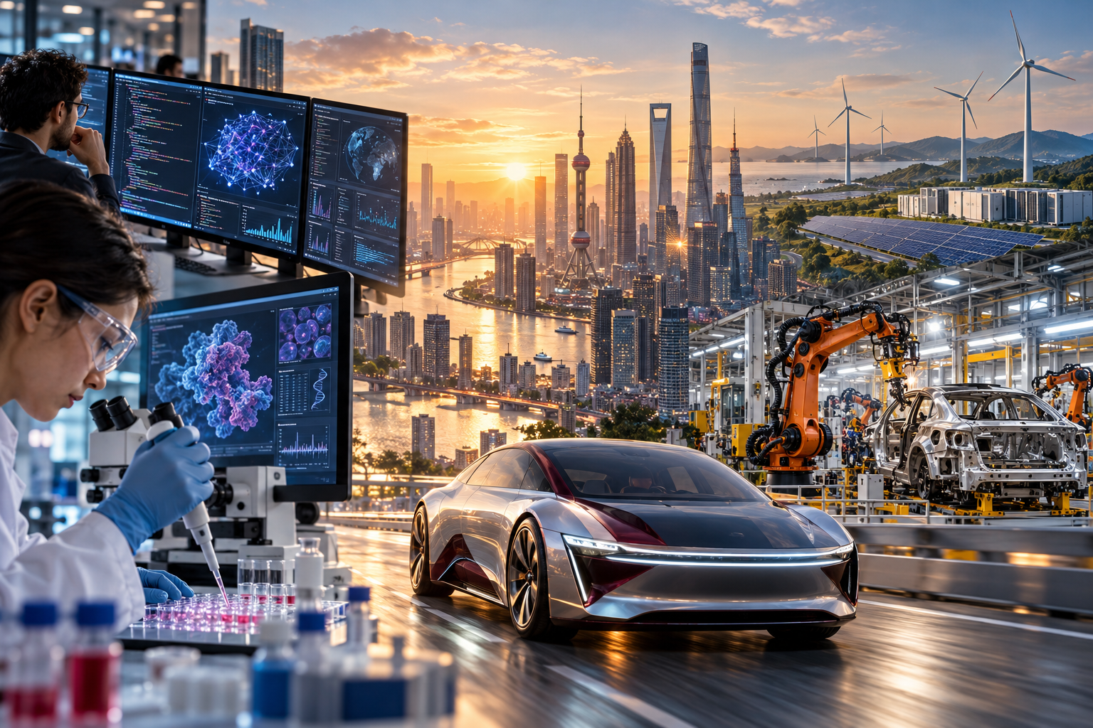 Combined investment concept showing bioscience research, AI and software screens, a futuristic vehicle, factory robotics, high-rise buildings and renewable energy at sunrise